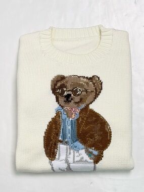 Polo by Ralph Lauren Cream Knit Crewneck Sweater with Bear Motif